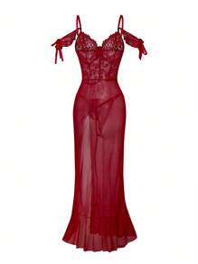 SHEIN 2pcs Lace Contrast Mesh Ruffle Hem Slit Steel Hoop Long Skirt Sleepwear+Thong Set - Burgundy - View 7