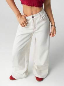 SHEIN ICON Women's Early Autumn New White Cute Heart-Shaped Strawberry Bow Embroidered Straight Leg Pants, Casual Outgoing Minimalist - White - View 5