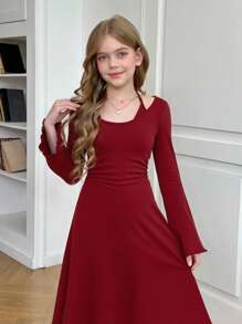 SHEIN Serisse Kids Đầm dài tay cạp trễ màu trơn thời trang thường ngày thanh lịch cho bé gái tuổi teen - Màu Đỏ Sâu - Xem 10