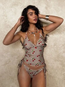 SHEIN Swim Summer Sweet Cherry Plaid Bikini Set - Brown - View 3