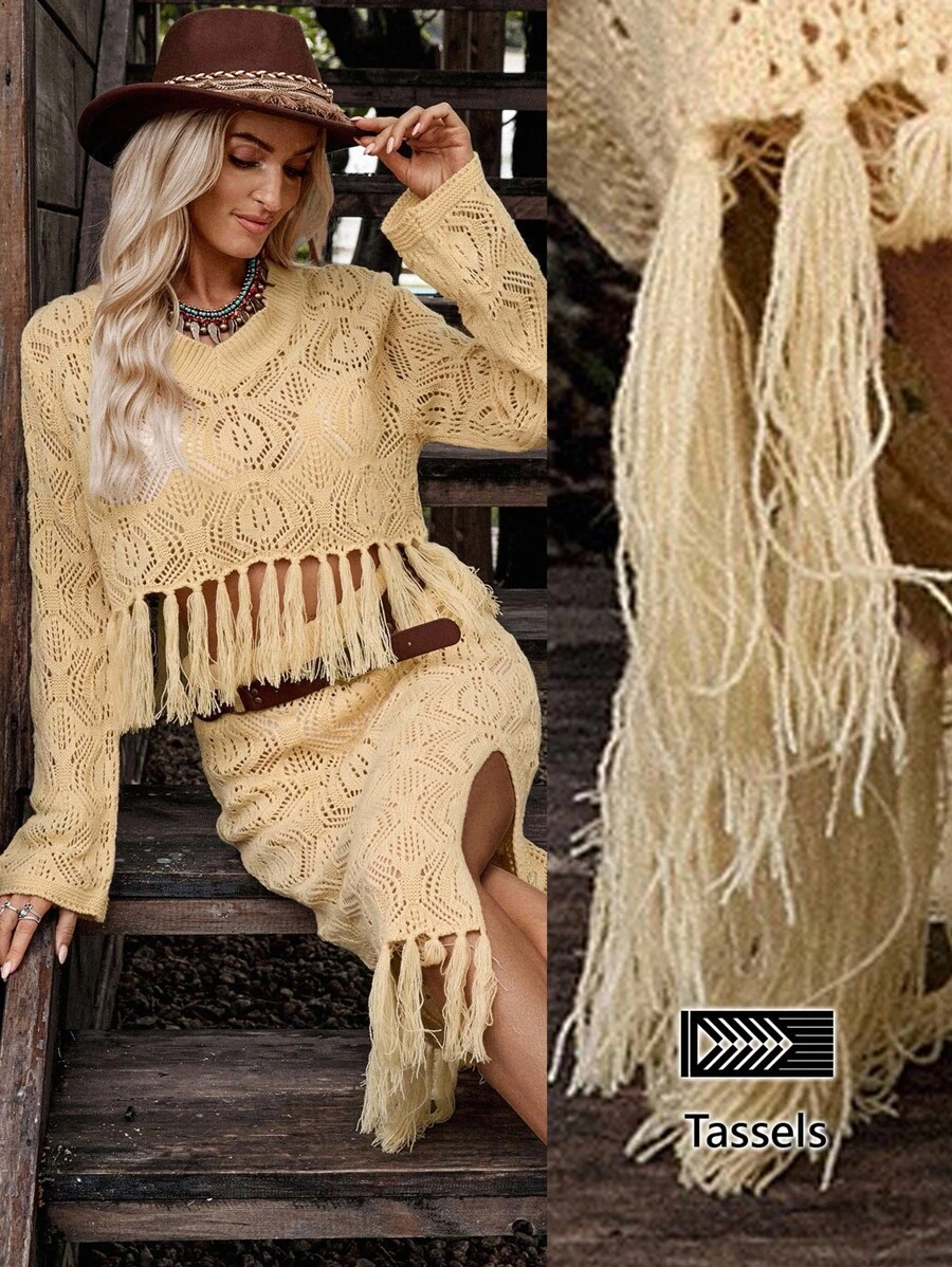 LanaWest 2pcs Women Solid Color Hollow Out Fringe Bohemian Style Sweater Set Fall Winter Cloth For Women