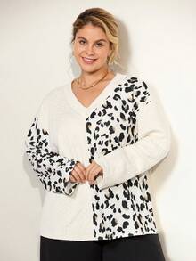 Momelise Tee-shirt à manches longues pour femmes grandes tailles, col en V, imprimé léopard patchwork. Tenue décontractée pour l'extérieur, campagne, vacances d'été tout blanc, promenade printanière ensoleillée, vacances, look vintage de fête. Pull tricoté marron d'automne pour femmes - Multicolore - Voir 6