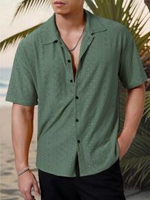 Manfinity Homme Men's Vacation Casual Style, INS Matched With A Knitted Black And White Geometric Striped Crochet Textured Jacquard Loose Short-Sleeve Shirt. Featuring A Button Placket, This Shirt Embodies French Elegance And Romance, Making It Perfect For Hawaiian Beach Vacations, As Well As Music Festivals And Everyday Wear. It Also Serves As An Ideal Gift For Boyfriends Or Husbands. Men's Striped Short Sleeve Single-Breasted Casual Commuter Shirt, Cool Shirts For Men, Nice Shirts For Men, Men's Fashion Shirts