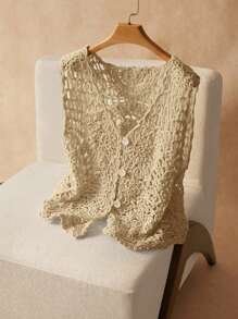 Elaquor 大码休闲纯色镂空针织背心 - 卡其色 - 查看 1