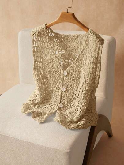 Elaquor Plus Size Casual Solid Color Hollow Out Knitted Vest,Fall Clothes For Women