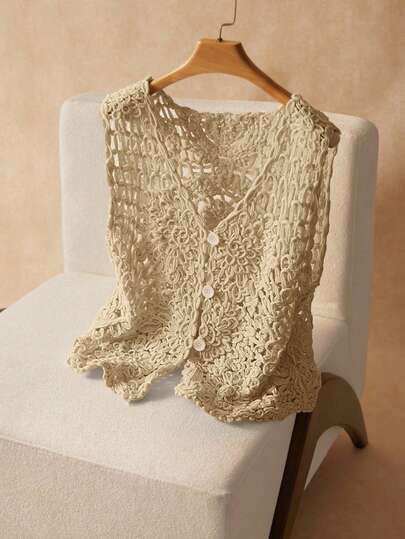 Elaquor 大码休闲纯色镂空针织背心