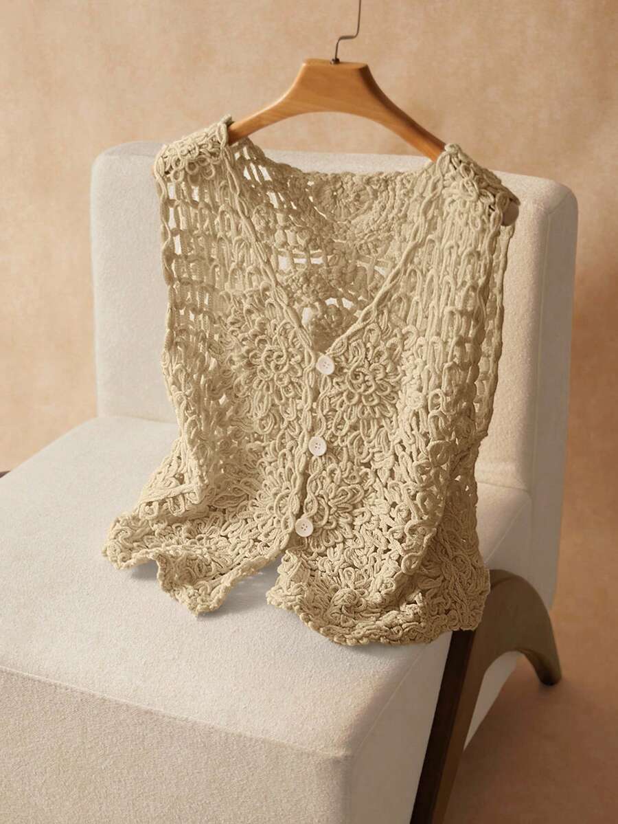 Elaquor 大码休闲纯色镂空针织背心 - 卡其色 - 查看 1