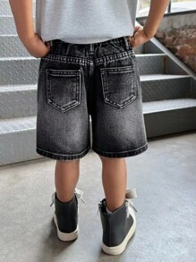 SHEIN 男童秋冬Y2K复古都市街头酷炫风做旧百慕大牛仔短裤，黑色水钻装饰，宽松版型，适合日常穿着，返校季、返校舞会、街头风、秋冬童装、万圣节、夜间外出、圣诞节等场合。 - 黑色 - 查看 5