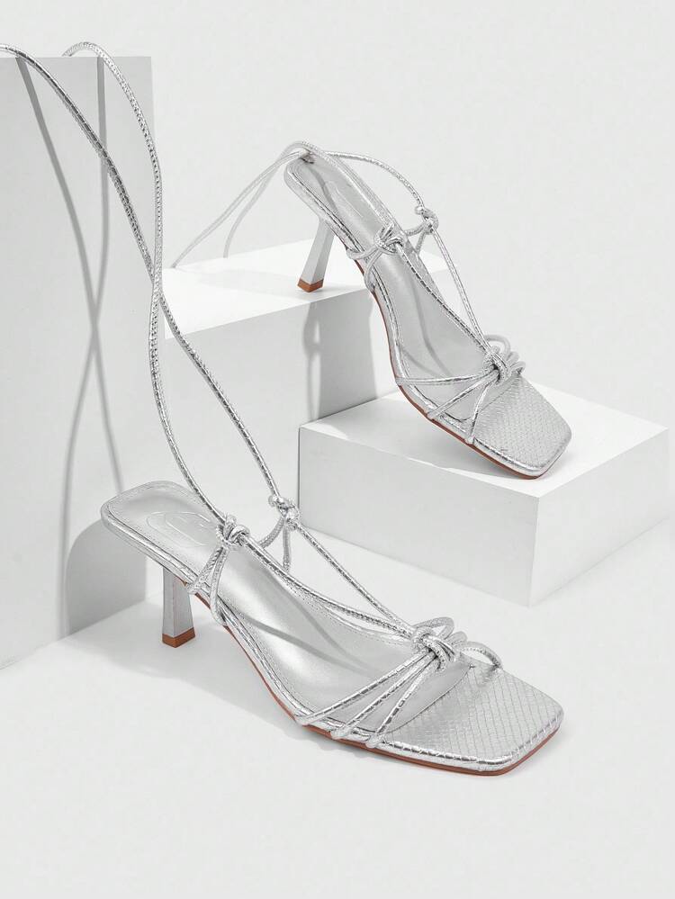 CUCCOO SZL Women's Fashion Square Toe Daily Wear Silver Strap High Heel Sandals