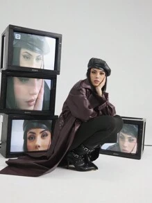 Anewsta معطف طويل أنيق ذو لون أحمر ثابت مزدوج الصدر من الأنجورا للنساء، مناسب للخريف والربيع