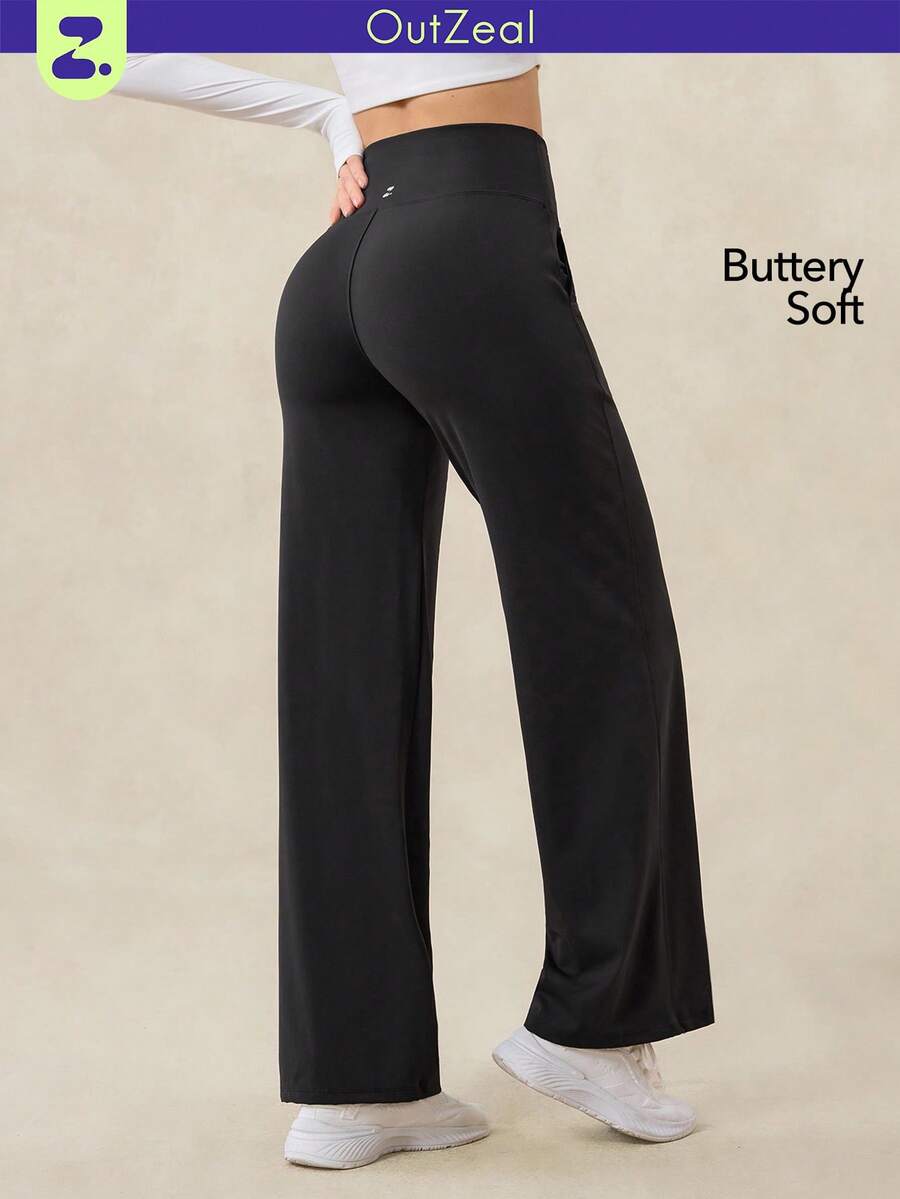 OutZeal Women Sports Pants Daily Casual Lounge Buttery Soft Knitted Sweat Wicking High Waist Straight Legs With Pockets - Black - View 1