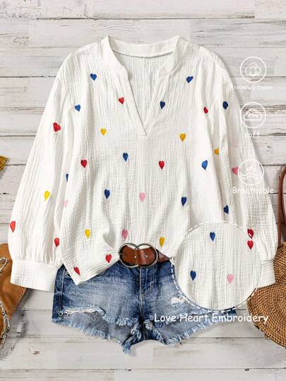 Linhara Neues Lässig Fashion Mehrzweck-Hemd mit Herz-Stickerei in Große Größen für Frühling & Herbst