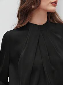 BizChic 女式不对称设计褶饰宽松立领长袖上衣，基本款简约优雅别致商务休闲装，适合城市通勤，适合教师、办公室、婚礼、音乐会 - 黑色 - 查看 9