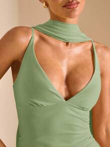 SHEIN BAE Beach Vacation Elegant Solid Black Deep V-Neck Ribbon Mini Dress, Suitable For Daily Dating, Night Out, Nightclubs, Parties, Get-Togethers, Cocktail Parties, Holiday Jumpsuits, Pool Parties, Office Wear, Commuter Dresses Backless,Valentine's Day,Valentine Outfits For Women - Mint Green - View 7