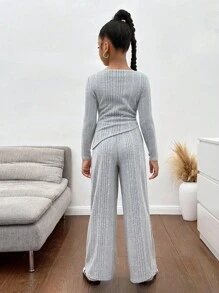 SHEIN مجموعة بنطلون ولباس علوي كاجوال رمادية للمراهقات، بأكمام طويلة غير متماثلة مصنوعة من الأقمشة المحبوكة المرنة، وبخصر مربوط بسحاب، مناسبة للخريف والشتاء