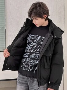Dazy Kids 青少年男孩纯色实用口袋拉链前休闲连帽冬季夹克 - 黑色 - 查看 4
