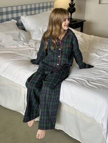 Hapijoa Tween Girl Plaid Single-Breasted Long Sleeve Top And Pants Pajama Set - Dark Green - View 5