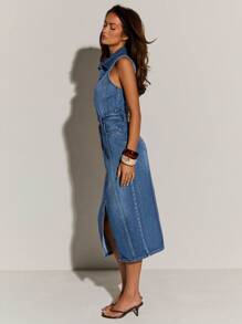 Athîral Women's Button Half Placket Pocket Slit Hem Casual Sleeveless Denim Dress Jeans Dress Denim Dress Women Chambray Dress Curve Denim Dress - Blue - View 4