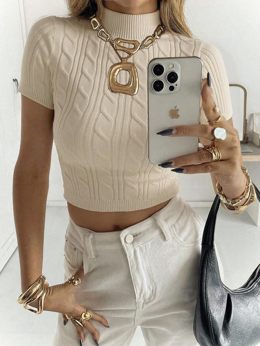 Siren Gaze Mock Neck Cable Knit Top Summer Casual - Apricot - View 1