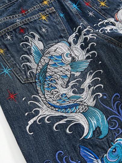 J-Fashion Unisex Retro Hip Hop Subculture Carp Floral Embroidery Loose Wide-Leg Jeans