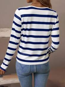 EMERY ROSE Women's V-Neck Striped Button Long Sleeve T-Shirt Fall Cloth For Women
