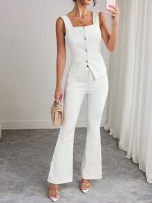 Elenzga 女士方领单排扣背心和喇叭牛仔裤套装 - 白色 - 查看 4