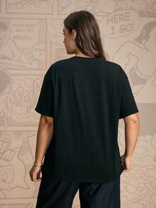 Astro Boy X SHEIN Camiseta holgada de manga caída con estampado de dibujos animados y japonés para mujer de talla grande, casual de verano - Negro - Ver 2