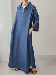 FRIFUL 女式纽扣半襟落肩宽松休闲牛仔连衣裙