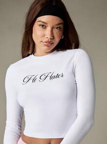 MISSGUIDED Áo thun crop top tay dài in chữ Hi Hater Bye Hater cổ bẻ màu trắng, ôm sát, thời trang, chất liệu cotton cơ bản, thiết kế tối giản, chữ cái - trắng - Xem 5