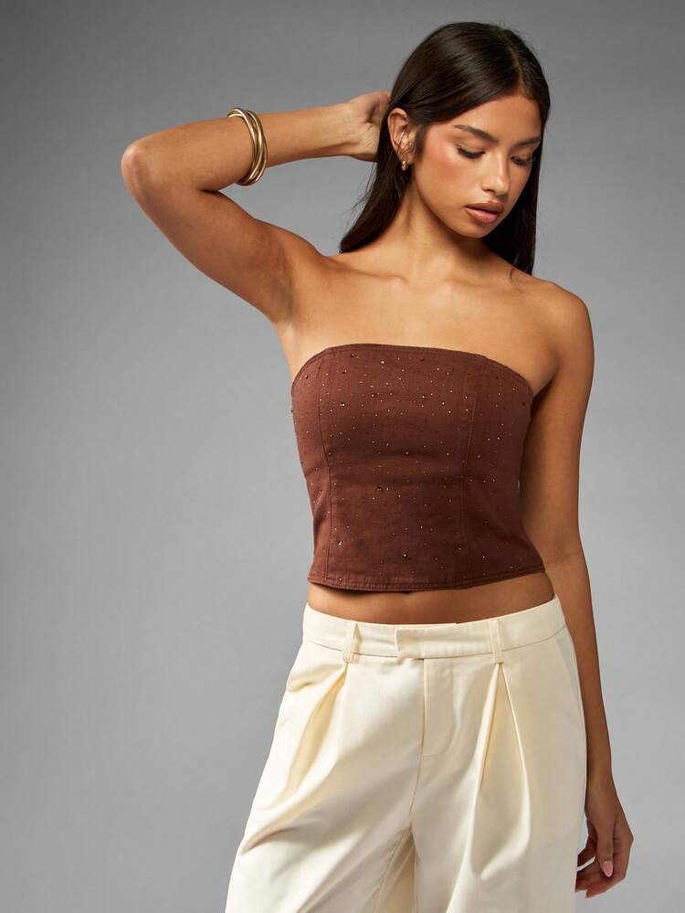 MISSGUIDED Hotfix Crystal Embellished Denim Bandeau Top Strapless Crop Tube Top Sparkly Party Festival Summer Clubwear