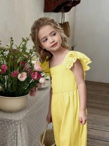 SHEIN X Scheana LMoss Kids Young Girl Woven Solid Color Ruffle Jumpsuit - Yellow - View 5