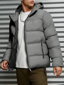 RueChic 1pc Men's Casual Patterned Grid Fabric Slim Fit Padded Coat - Grey - View 6