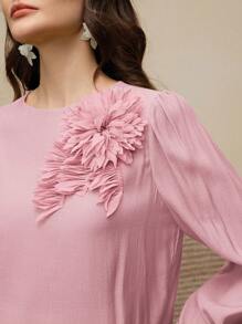 Anewsta Elegant Fashion Design Loose Long Sleeve Shirt, 3D Applique Women's Pink Blouse - Pink - View 2