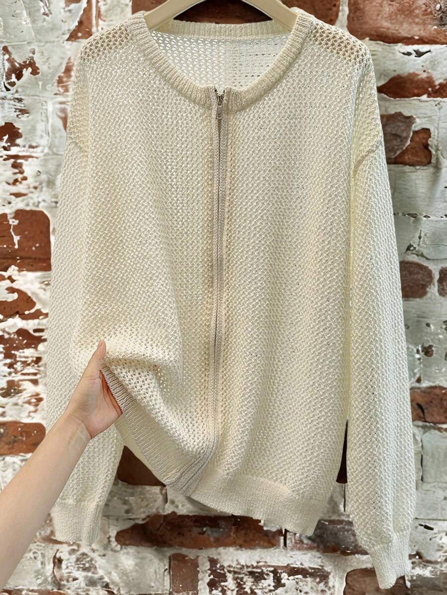 Claim Dot Men's Plain Drop Shoulder Long Sleeve Zipper Front Casual Cardigan - White - View 1