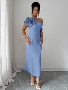 Modelyn Women's Oblique Shoulder Floral Decor French Elegant Party Dress - Blue - View 3