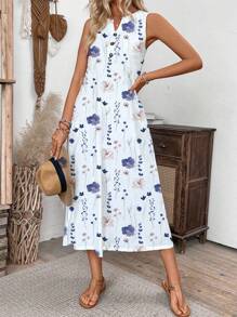 EMERY ROSE Women's Vacation Floral Print Notched V-Neckline Pocketed Long Casual Dress Maxi Women Outfit - Multicolor - View 4