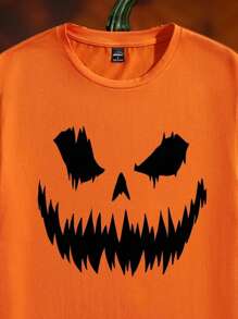 Manfinity Homme Halloween Kürbis Gesicht Silhouette Muster Lässig Herren Regular Fit Kurzarm T-Shirt, Orange - Orange - Übersicht 3
