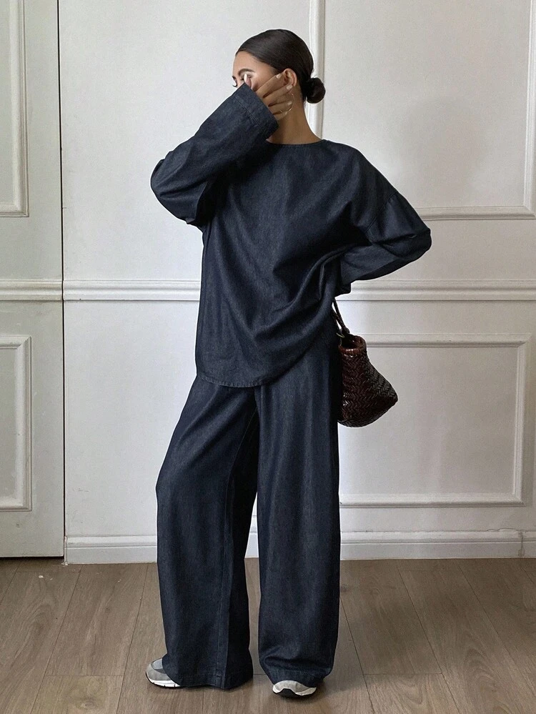 2pcs Women Casual Denim Crew Neck Loose Pullover Top And Drawstring Waist Wide Leg Pants Set