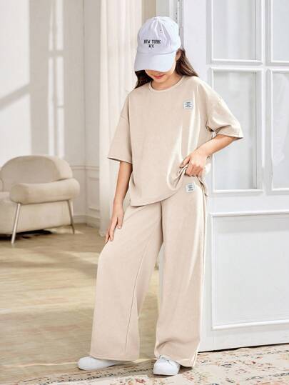 SHEIN 2pcs Tween Girls Casual Loose Comfortable Round Neck Short Sleeve T-Shirt And Pants Set Two Piece Set Girls Two Piece Set Waffle Two Piece Set Kids Two Piece Set Waffle Knit Set Girls Two Piece Outfit Wide Leg Pants Set