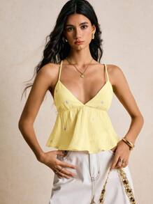 Poéselle Áo hở lưng thêu hoa giản dị dành cho nữ khi đi nghỉ - Màu vàng - Xem 1