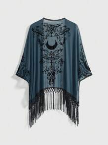 ROMWE Goth 大码女式浪漫哥特式复洛克月亮花卉植绒纹理不对称流苏下摆衬衫披肩，蓝绿色，适合春夏季假期、万圣节 - 藍色 - 查看 3