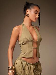 Hauture Blusa casual y sexy de mujer con cuello halter, de tejido elástico de color verde oliva para salir - Caqui - Ver 4