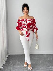 Elenzga 大码女式度假露肩花卉印花喇叭袖系带衬衫 - 彩色 - 查看 3