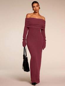 SHEIN BAE 女士纯色露肩长袖休闲长裙、派对女装、新年女装、圣诞节女装 - 酒紅色 - 查看 5