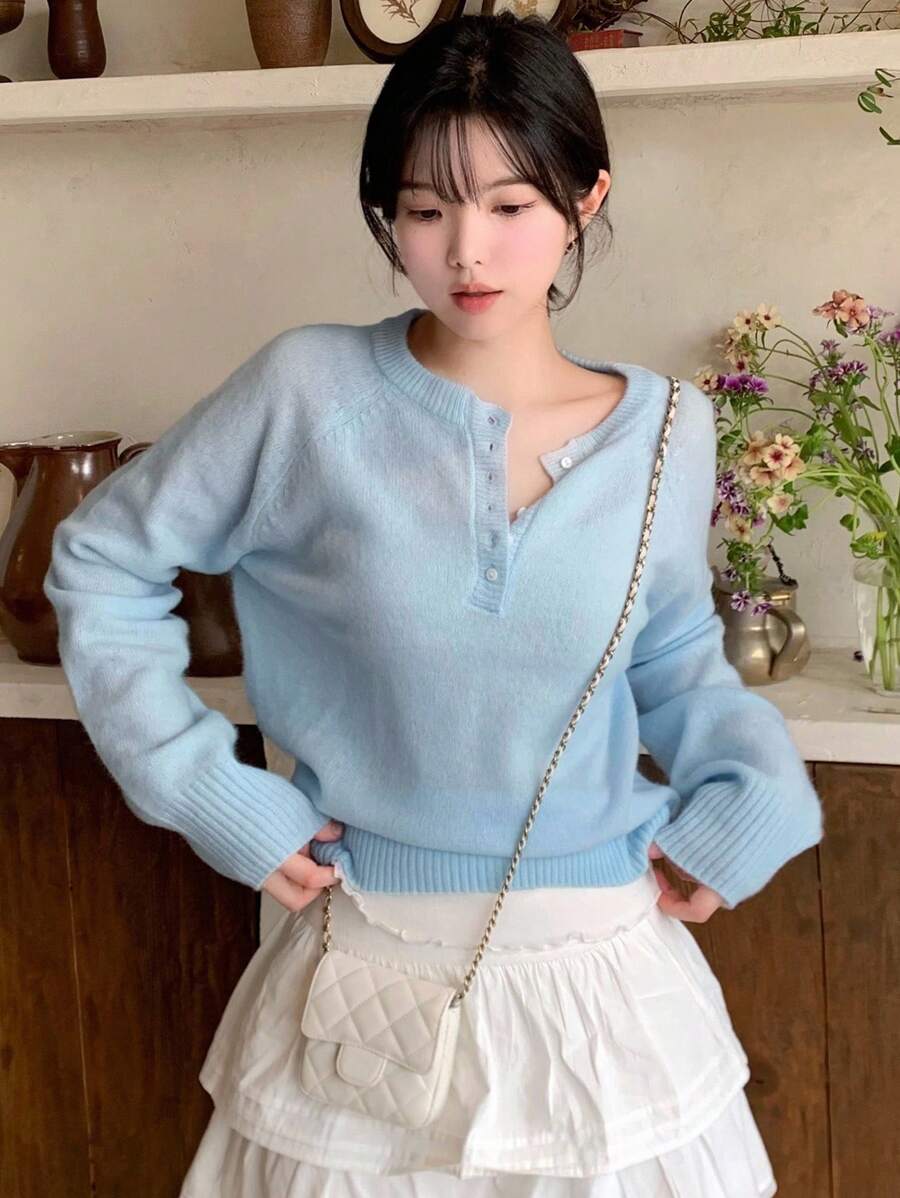 DAZY Henley Neck Lightweight Basic Long Sleeve Knit Sweater Top Fall - Blue - View 1