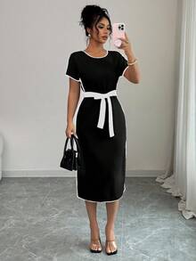 Rafferiza 圆领短袖T恤连衣裙，系腰，修身通勤连衣裙 - 黑色 - 查看 4