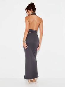 KIZN Draped Halter Neck Maxi Dress With Studded Belt Evening Party Gown Open Back Long Formal Occasion Floor Length - Grey - View 2