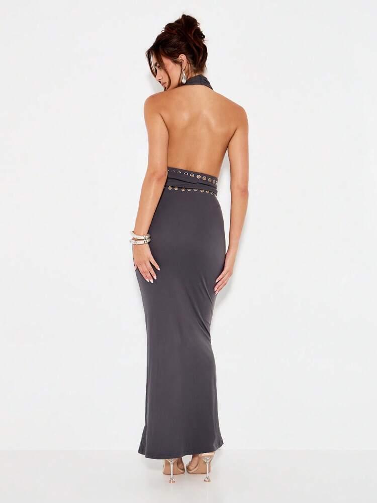 KIZN Abito lungo con scollo all'americana drappeggiato e cintura borchiata