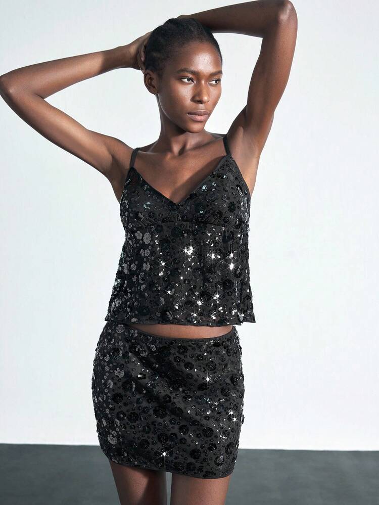 SHEIN Maija Women's Floral Sequin Elegant Party Skirt Sequin Skirt Sparkly Skirt Glitter Skirt Rhinestone Skirt,Fall Women Clothes,Halloween,Elegant Dresses For Women,Fall Clothes For Women New Year