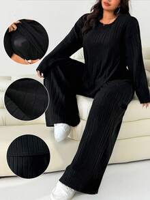 Solflare Bộ đồ ngủ 2 món tay dài cổ tròn màu trơn cỡ lớn dành cho nữ, Bộ đồ mặc nhà 2 món thoải mái dành cho nữ, Bộ đồ mặc nhà 2 món thoải mái dành cho nữ, Bộ đồ mặc nhà tay dài 2 món có gân, Hẹn hò, Hẹn hò, Giữ ấm, Tiệc tùng, Đi chơi, Khách dự tiệc cưới, Sang trọng, Ở nhà, Giáng sinh - màu đen - Xem 3